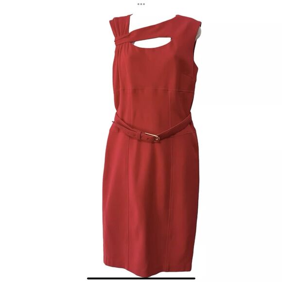 Vintage CACHE Red Sleeveless Cut Out Sheath Dress Size 10 Belted Made In USA - Picture 1 of 9